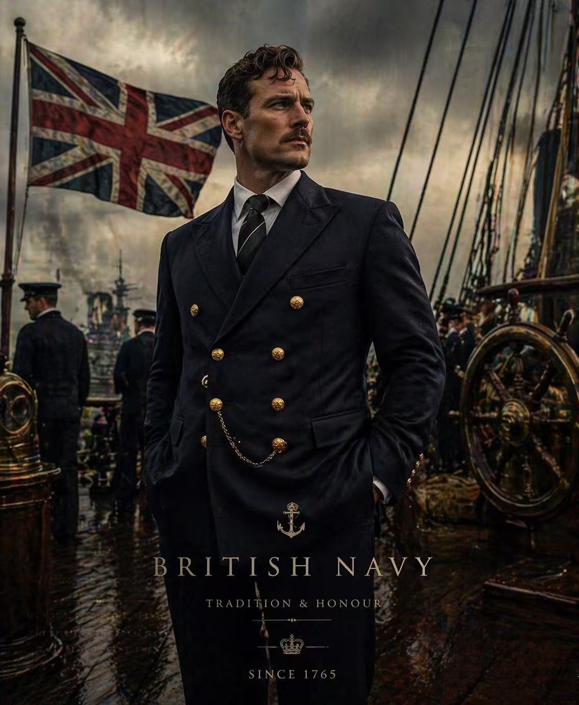 A wearer in a naval-inspired double-breasted blazer posed aboard ship beneath the Union flag.