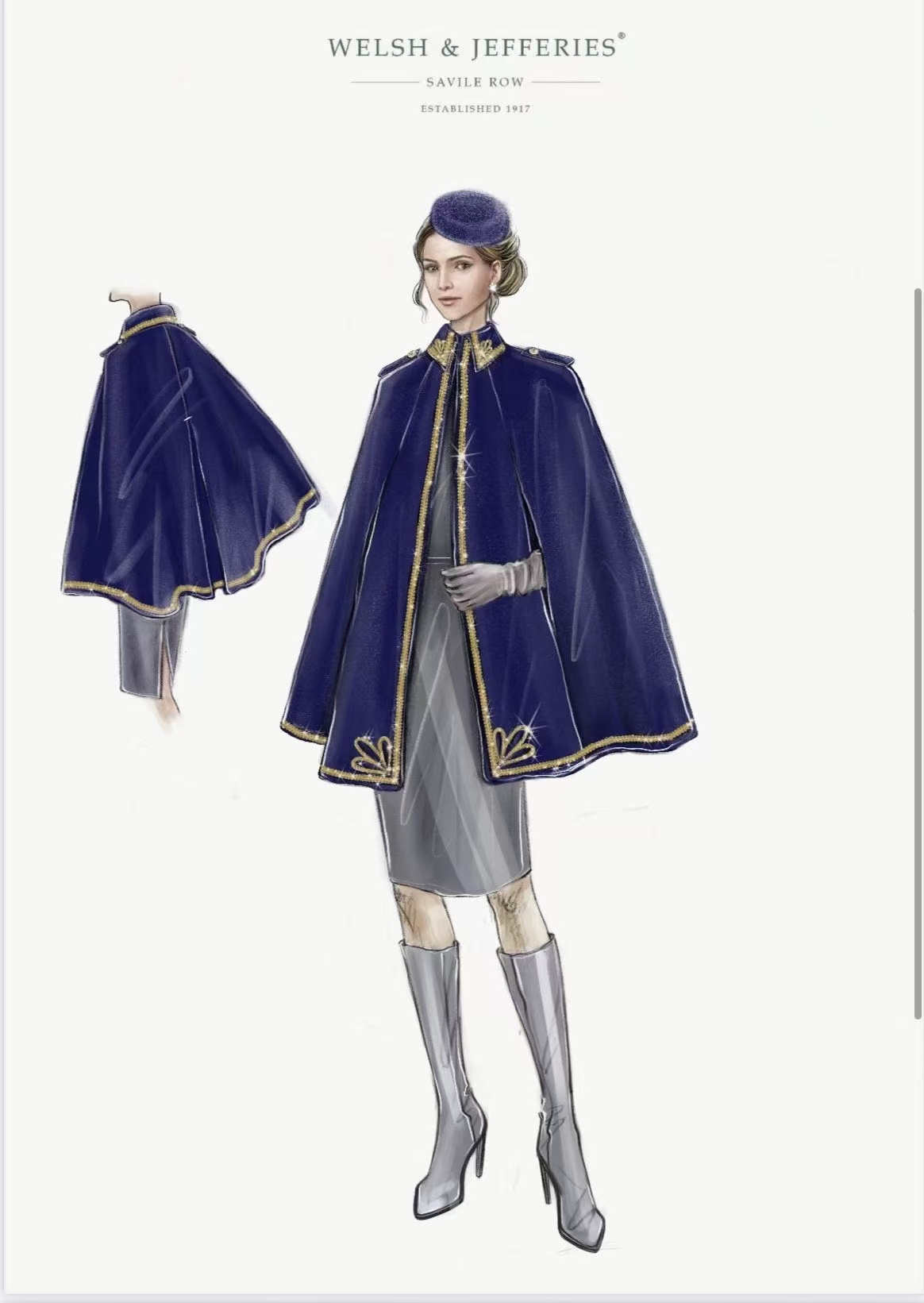 Fashion illustration of the navy cavalry cape with gold embroidery.
