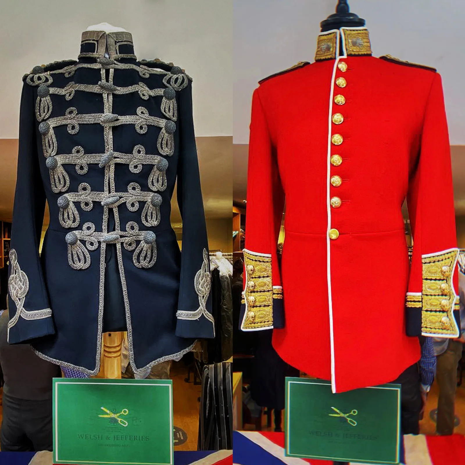Scarlet bullion-trimmed tunic displayed beside a midnight hussar coat dense with silver frogging.