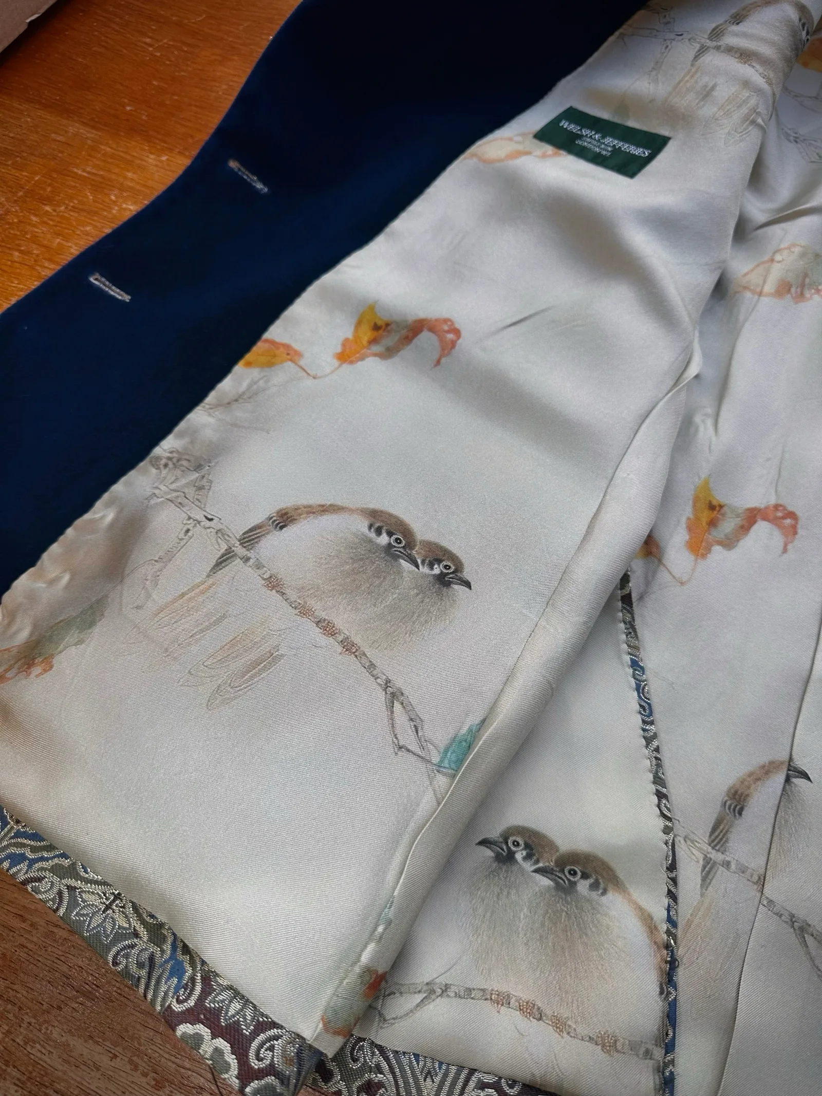 Bespoke lining detail of the blue-gold Song-brocade smoking jacket.